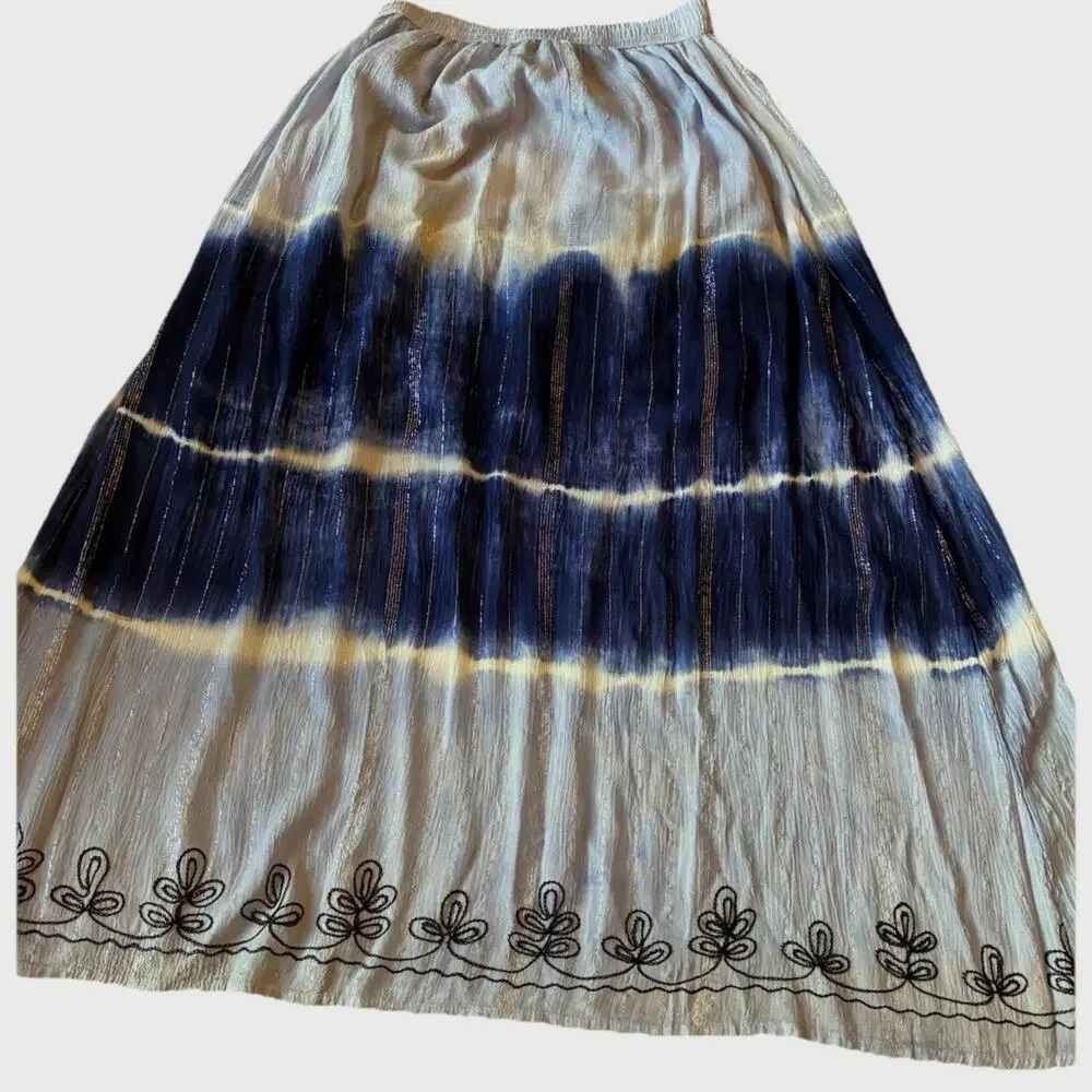 Boho Tie Dye Maxi Skirt Artsy Hippie Festival silver glittery stripes Fairy Med